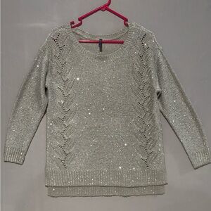 This Is A NYDJ Crew Neck Knit Sweater In Light Gray with Silver Sequins Size M